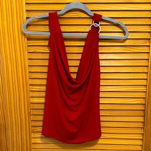 Bebe Cache BCBG Red with rhinestone ring Cowl neck sleeveless open back blouse S